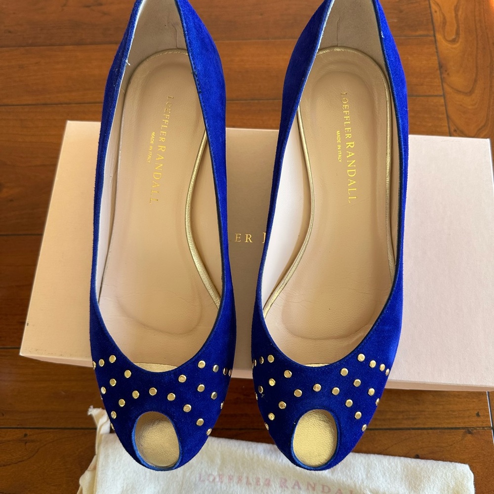 Loeffler Randall Blue Suede Peep Toe Heels with Gold Studs